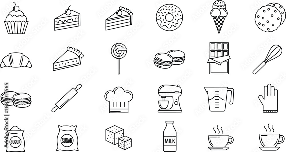 Fototapeta premium A set of line art icons representing baking ingredients, tools, and various sweet desserts.