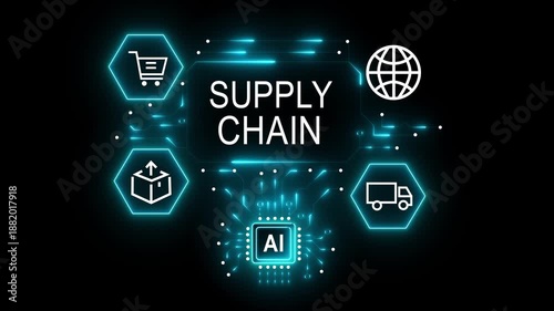 Warehouse with AI and supply chain icons and a forklift in the background artificial intelligence logistics 4k video...