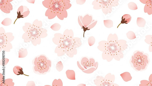 Pink cherry blossoms and petals on white background floral pattern