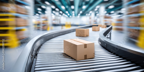 Wallpaper Mural Conveyor systems moving cardboard box on roller conveyor in busy warehouse with motion blur Torontodigital.ca