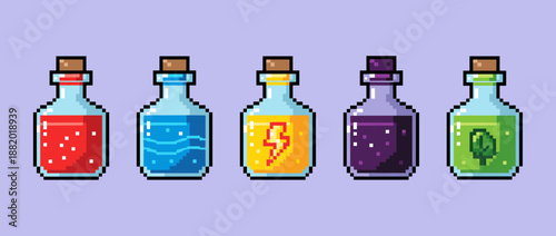 Pixel art magic potions set in glass bottles with different colorful liquids and symbols like lightning and leaf for fantasy rpg game assets