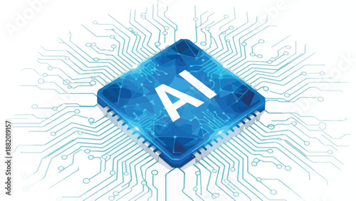 Close-up of a glowing blue AI chip with intricate circuit board patterns emanating outwards on a white background