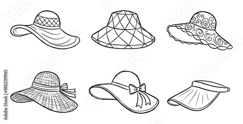 Black and white illustrations of six different style summer sun hats outlines in a row collection.