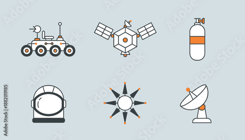 Space exploration equipment set featuring moon rover, satellite, oxygen tank, astronaut helmet, solar system model, and satellite dish on grey background.