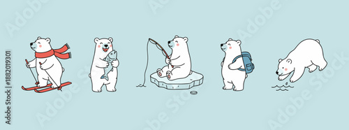 Adorable Polar Bear Character Illustrations Showing Various Winter Activities Like Skiing Fishing Hiking and Swimming in Minimalist Hand Drawn Style