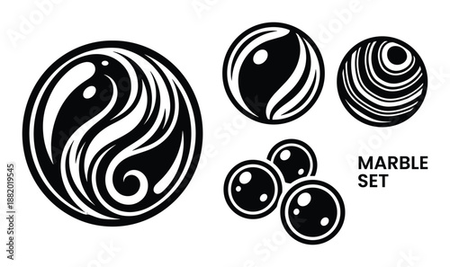 Black and white marble set vector graphic. Round shape decorative elements with patterned and glossy designs.