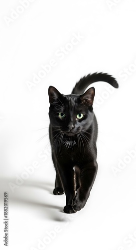 Elegant Black Cat with Piercing Blue Eyes Strides Confidently on a Clean White Studio Background.