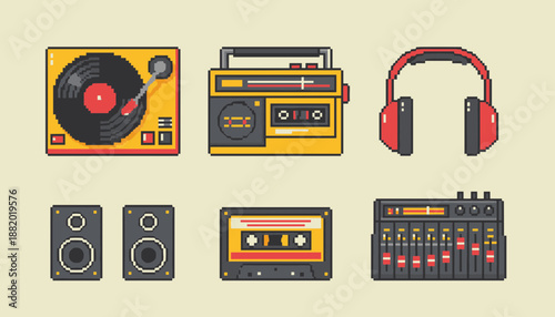 Retro Audio Equipment Pixel Art Set Featuring Record Player Boombox Headphones Speakers Cassette Tape and Sound Mixer for Music Lovers