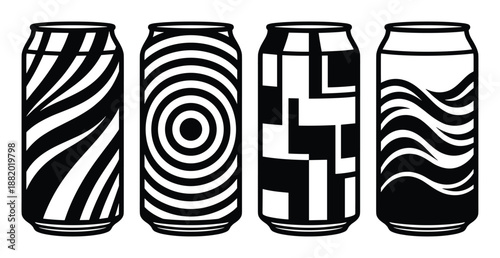 Black and white vector illustration of four soda cans with various patterns and designs on them.