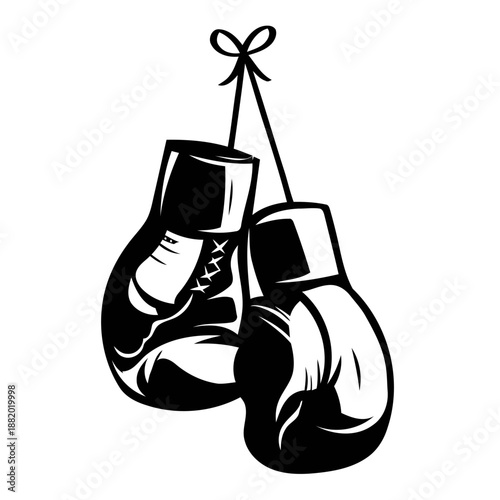 Boxing gloves hanging on laces sport equipment for martial art fighting activity and training vector illustration isolated on white background