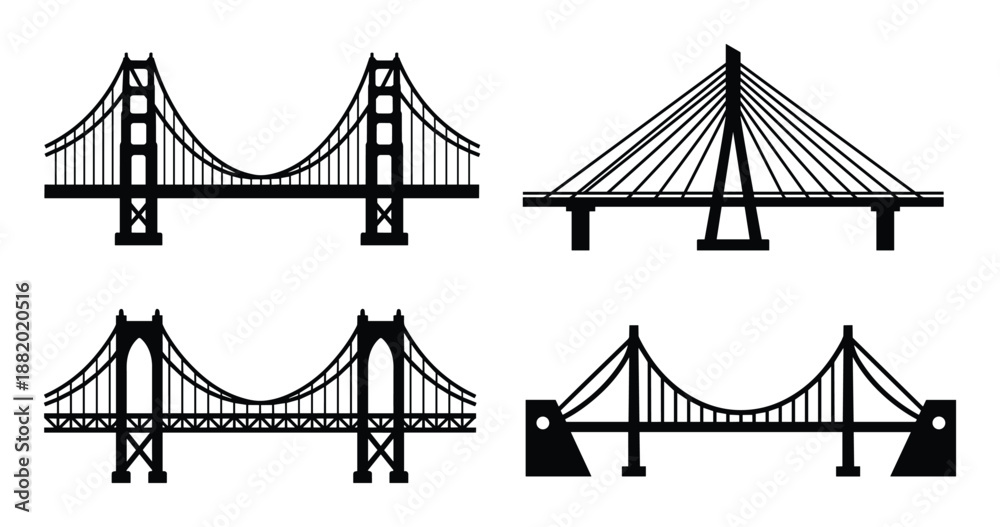 Fototapeta premium Bridge vector set. Includes suspension, cable-stayed designs in silhouette art style. Transportation theme.