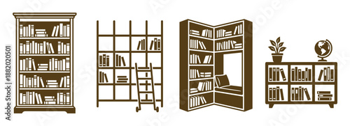 Bookshelves vector set with books, ladder, potted plant, globe, and seating area in brown color.