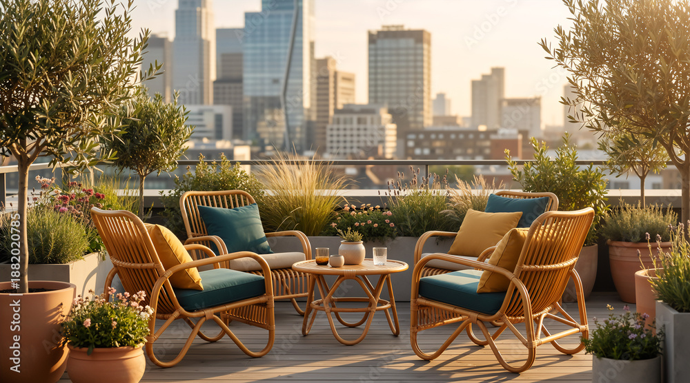 Naklejka premium A stylish rooftop patio with modern rattan furniture. Outdoor lounge area overlooking a city skyline at sunset. Urban garden and recreation concept