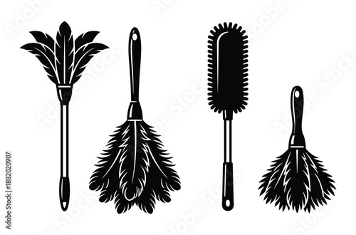 Cleaning dusters vector set: feather duster and microfiber duster icons in black silhouette for housekeeping.