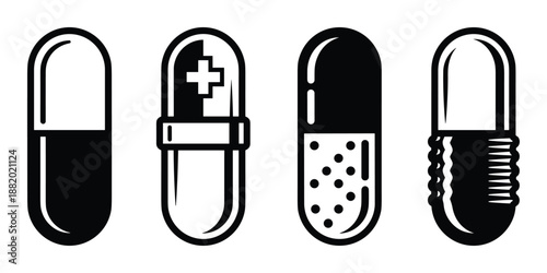 Collection of black and white capsule pills illustration, variation design, medication and treatment vector.