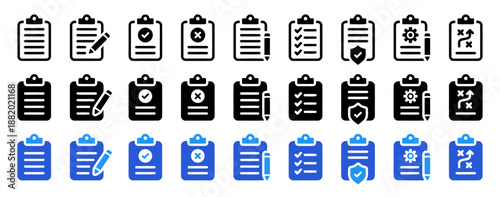 Clipboard checklist document line icons set showing task management project planning data collection contract agreement and approval process paperwork organizer and form