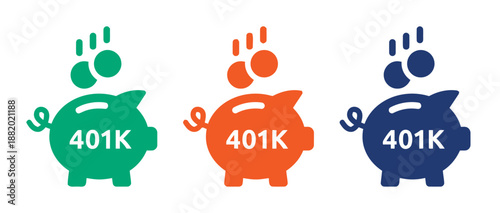 Collection of 401k saving retirement investment plan vector icons piggy bank symbols in green orange and blue color palette for financial future and safe earnings