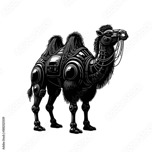 A detailed black and white illustration of a futuristic two-humped robotic camel