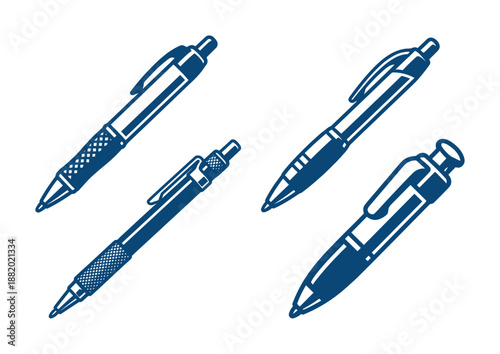 Collection of blue pen illustrations, office ballpoint writing supplies on a white background