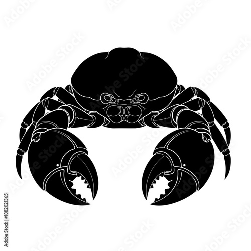 A black silhouette illustration of a marine crab with large claws facing forward