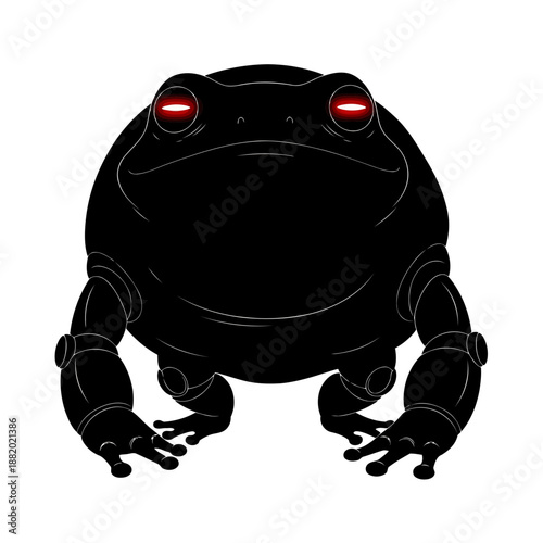 A striking black frog illustration with glowing red eyes and robotic limbs on a white background