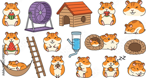 Cute Hamster Pet Care Icons Set with Cage, Wheel, Food and Sleeping Poses Flat Vector