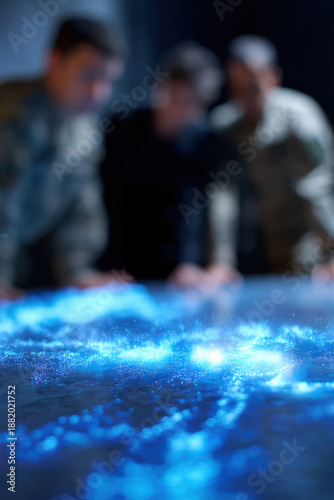 Military officer war strategy holographic map table planning blue light military officer war strategy holographic map table planning blue light create tense futuristic command atmosphere