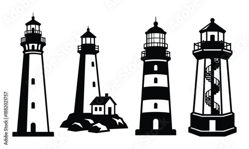 Collection of four lighthouse silhouettes. Simple designs of coastal navigation towers and buildings.