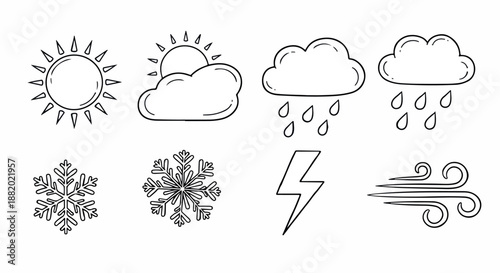 Hand drawn Doodle Style Weather Icons Collection Featuring Sun, Clouds, Rain, Snowflakes, Lightning, and Wind Symbols