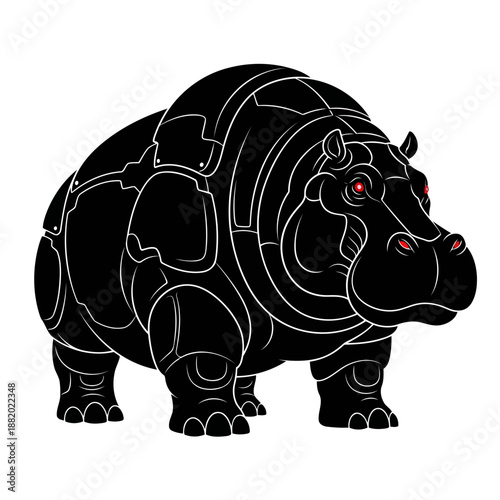 Black and white robotic hippopotamus illustration with glowing red eyes in a futuristic style