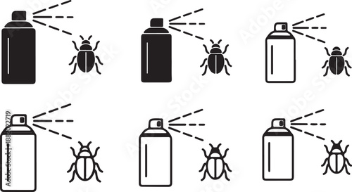 Insecticide Spray and Pest Control Line Art Icon Set. Aerosol Can with Cockroach and Bug Repellent Vector Symbols.