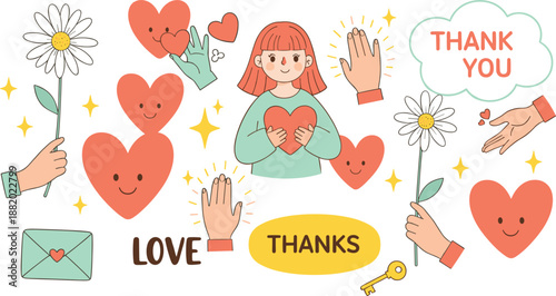 Thank You and Love Illustration Set with Hearts, Hands, Flowers and Gratitude Messages Flat Vector