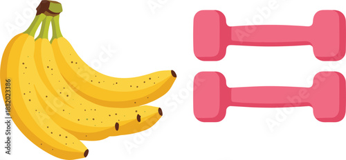 Bananas and Dumbbells Illustration Representing Healthy Lifestyle, Nutrition and Fitness Flat Vector Design