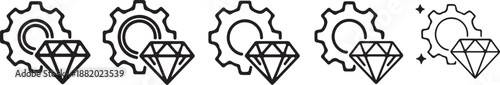 Premium Settings and Quality Maintenance Line Art Icon Set. Gear Mechanism with Diamond Gemstone Vector Symbols.