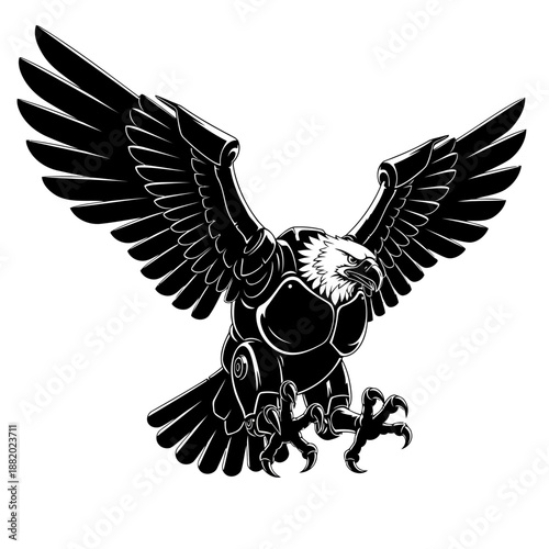A powerful black and white illustration of a cybernetic eagle ready to strike
