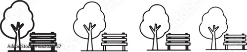 Park Bench and Tree Line Art Icon Set. Public Garden Seating and Nature Landscape Vector Symbols.