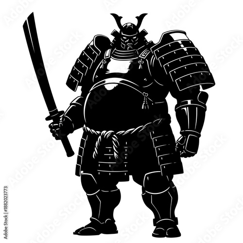 A striking black and white illustration of a formidable, heavily armored samurai warrior holding a traditional katana.