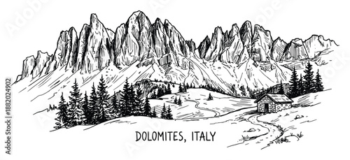 Detailed illustration of Dolomites Italy landscape with mountains, house, trees, and pathway.