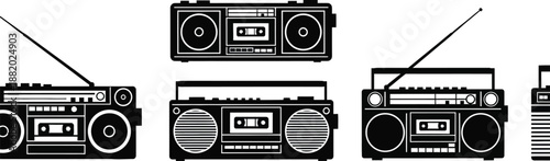 Portable stereo cassette player, boombox vector icons silhouette. 