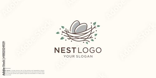 nest with eggs outline logo line art, black and white doodle style.