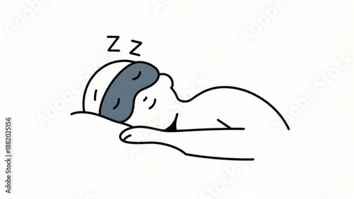Simple illustration of a person sleeping soundly with an eye mask. Minimalist. Line art. Healthy habits. Sleep cycle.