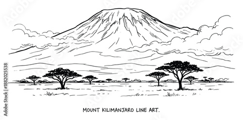 Detailed line art drawing of Mount Kilimanjaro, showing the mountain, trees, and savanna scenery.