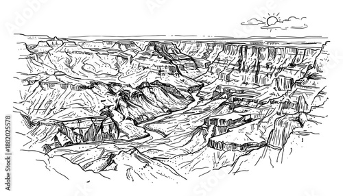 Detailed line art drawing of the Grand Canyon landscape with sun and clouds above the vast rock formations.