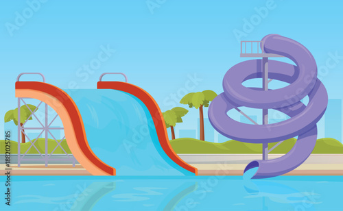 Water slides in waterpark. Aquapark with children attractions, summer vacations and outdoor activities. Pool plastic slide, plastic tunnel, sapid vector scene