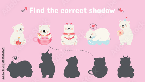 Children play with valentines day polar bears. Find correct shadow, bear and shadows. Funny wild animal romantic characters, vector template