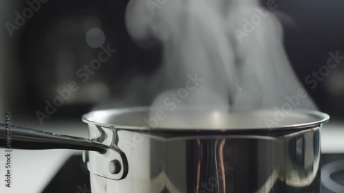 saucepan steaming. Steam rises steadily from a warm saucepan in a close-up that highlights heat and movement.