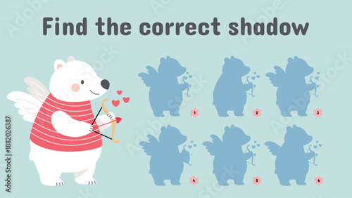 Cupid bear. Find correct shadow polar bear. Valentines day game for adults and children. Cartoon funny animal with bow, arrow and hearts. Cute vector template