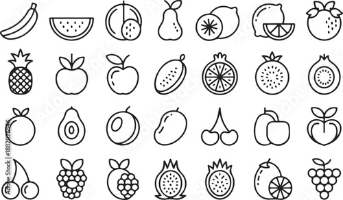 Fruit Icon Set. Outline Icon Collection. Simple Black Line Art Icons of Healthy Fruits and Organic Produce.