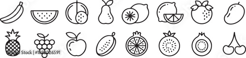 Fruit Icon Set. Outline Icon Collection. Simple Black Line Art Icons of Healthy Fruits and Organic Produce.