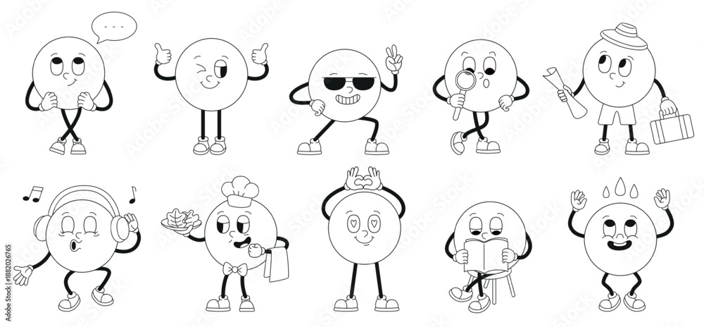 Fototapeta premium Emotional circle characters. Funny groovy characters different deals. Reading book, cooking, dreaming, looking info, travel. Cute cartoon coloring vector elements